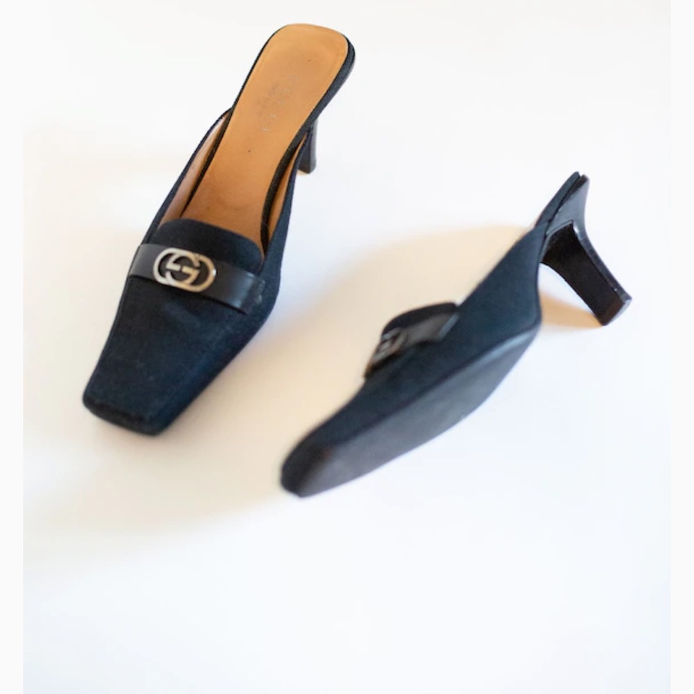 GUCCI Black Canvas + Leather Square Toe Heel-Silver GG Metal Monogram Size 10 - Picture 2 of 8